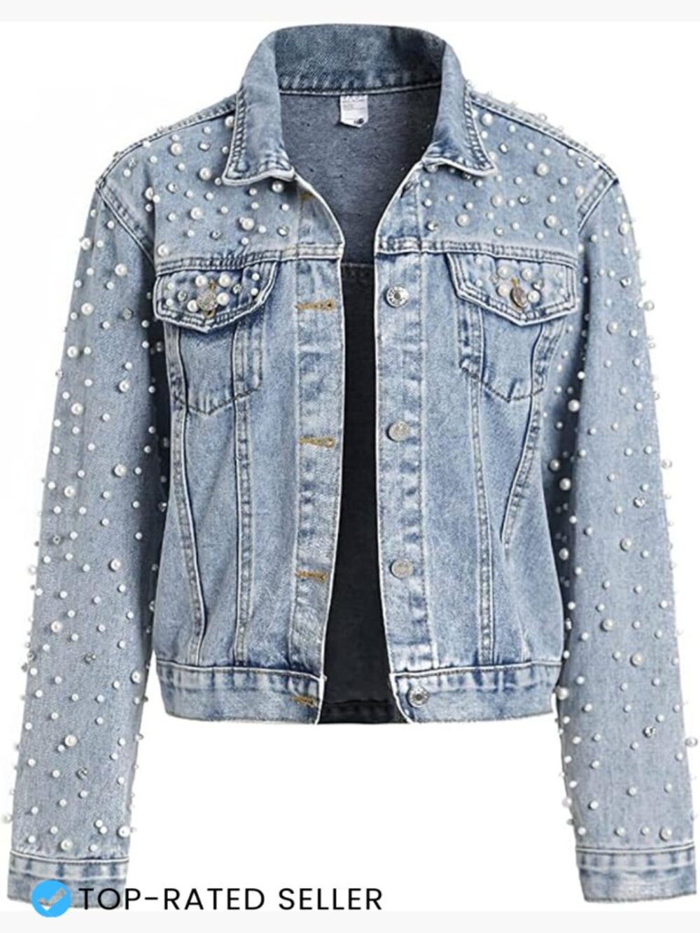 Cropped Rhinestone Denim Jacket Women Y2K Chic Single Breasted Pearl